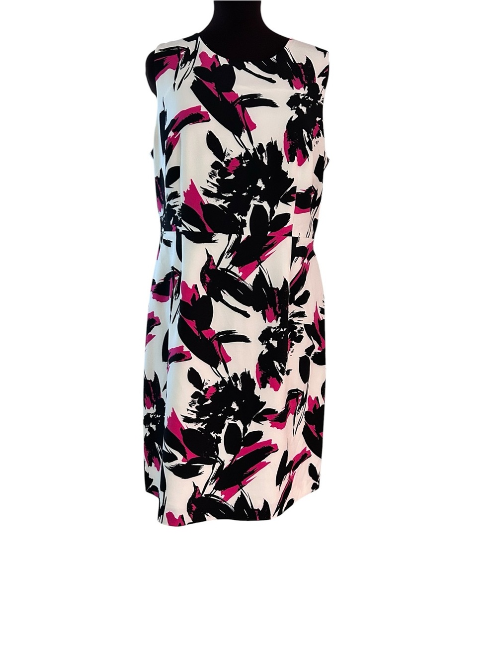 Kasper Size 16 Midi Dress Pink Black Floral On White Sleeveless Lined New NWT
